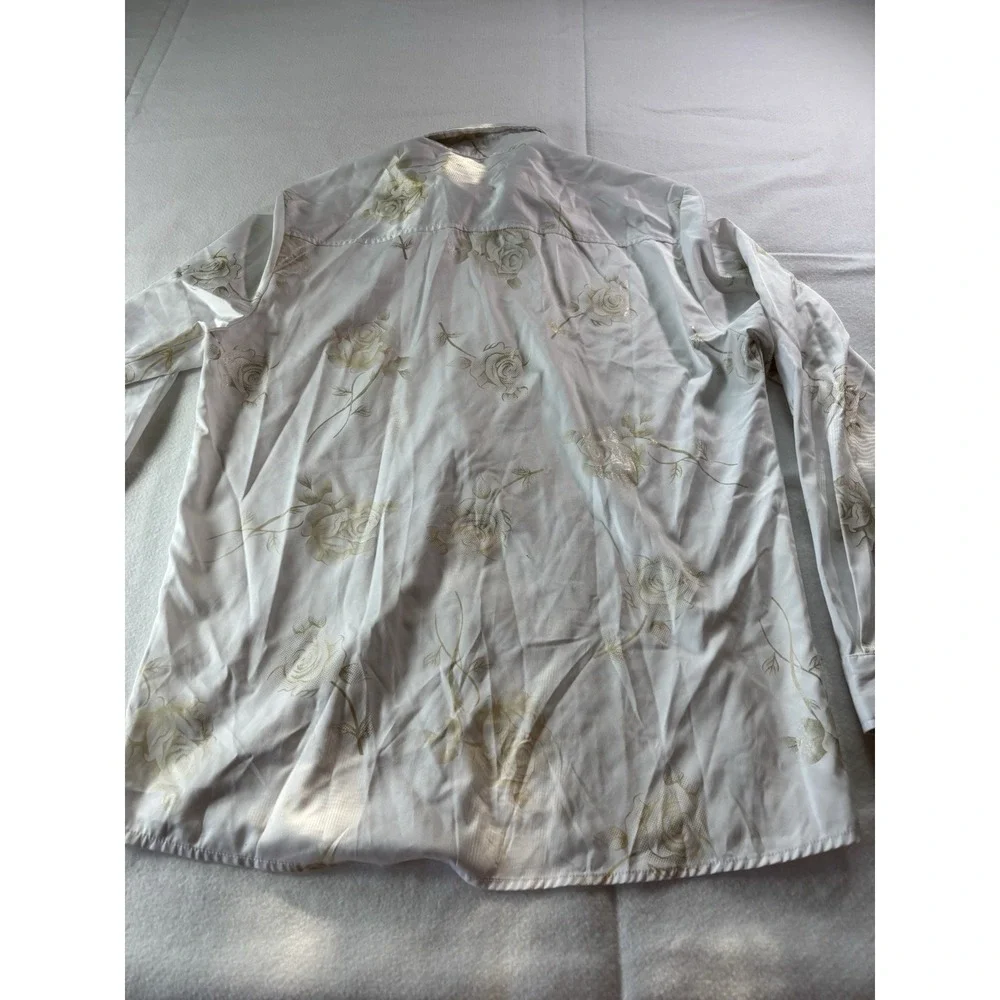 Western White Button Up‎ Shirt With Gold Roses Print Long Sleeve Cowboy Rodeo
